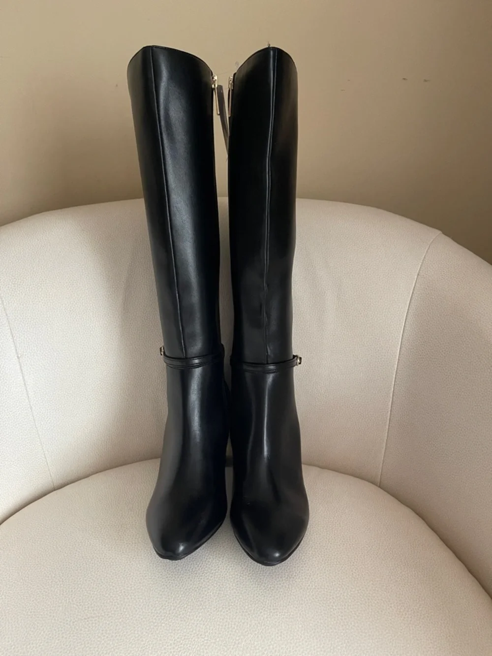 Anne Klein Black Mid-Calf Block Heel Boots with Ankle Strap - Picture 3 of 15
